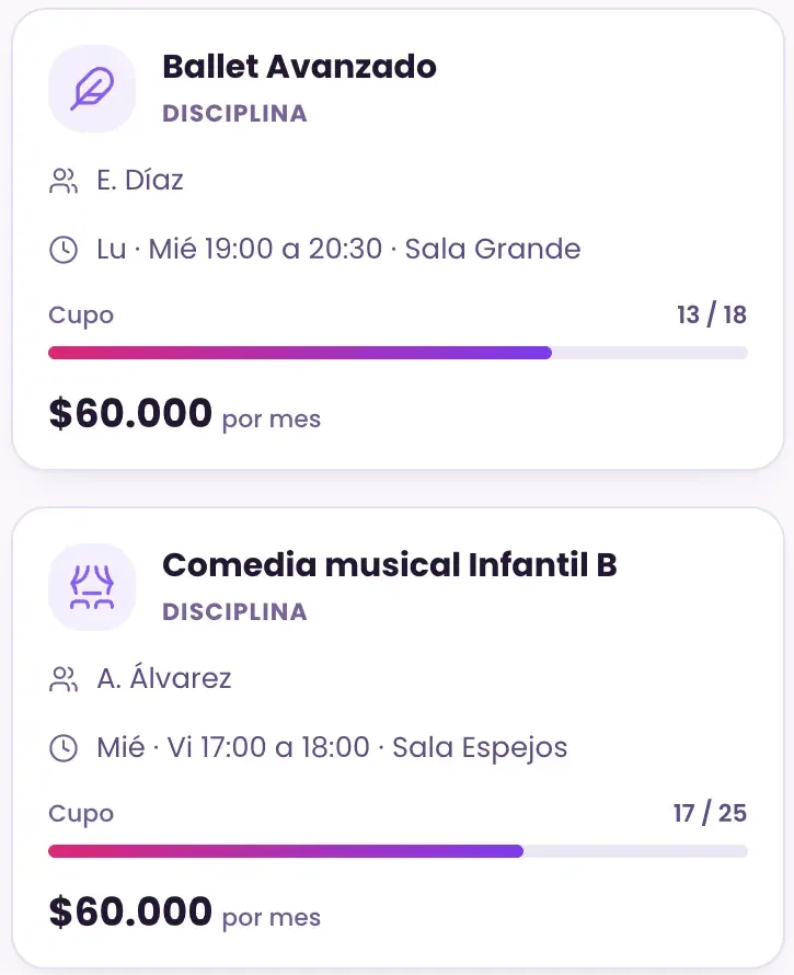Actividades: disciplinas, cursos y seminarios con profesor, sala, cupo y arancel.